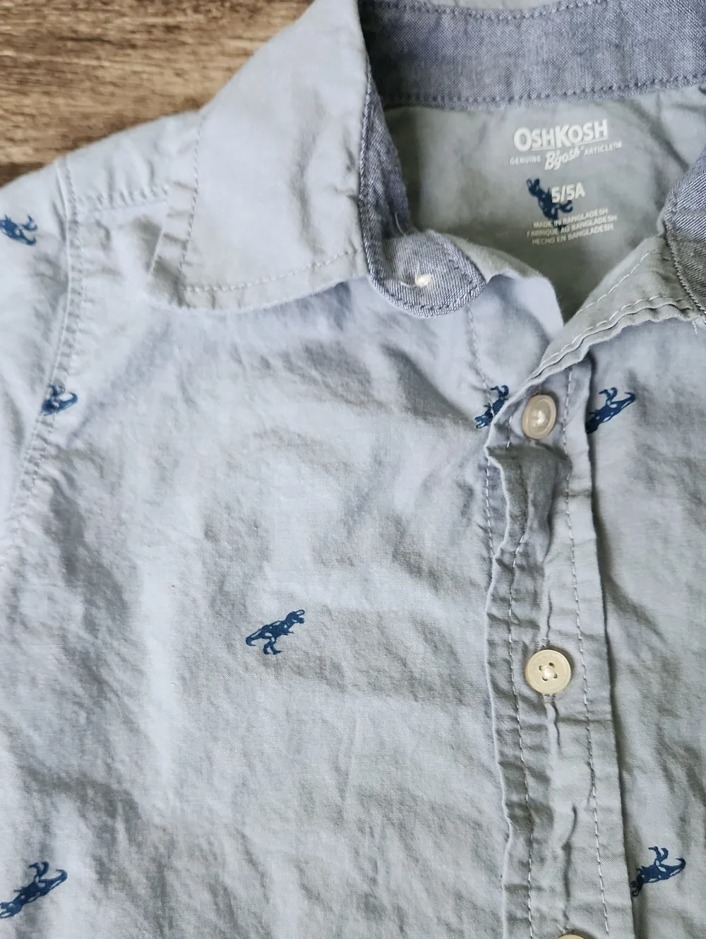 OshKosh B'gosh Light Blue Button-Down Shirt with Navy Dinosaur Embroidery Size 5